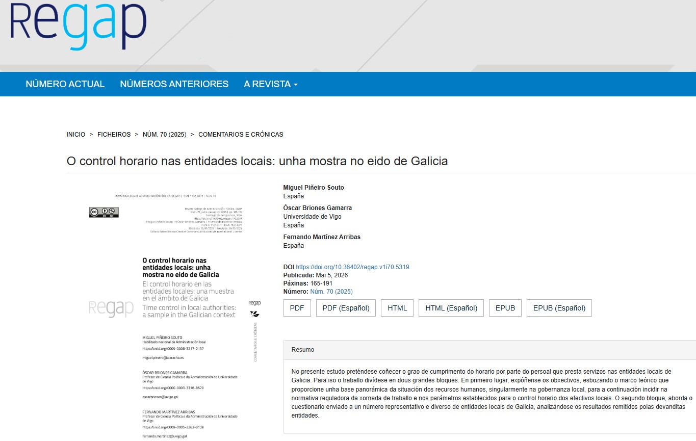 Lee más sobre el artículo Publicado artigo sobre o control horario na Administración local de Galicia